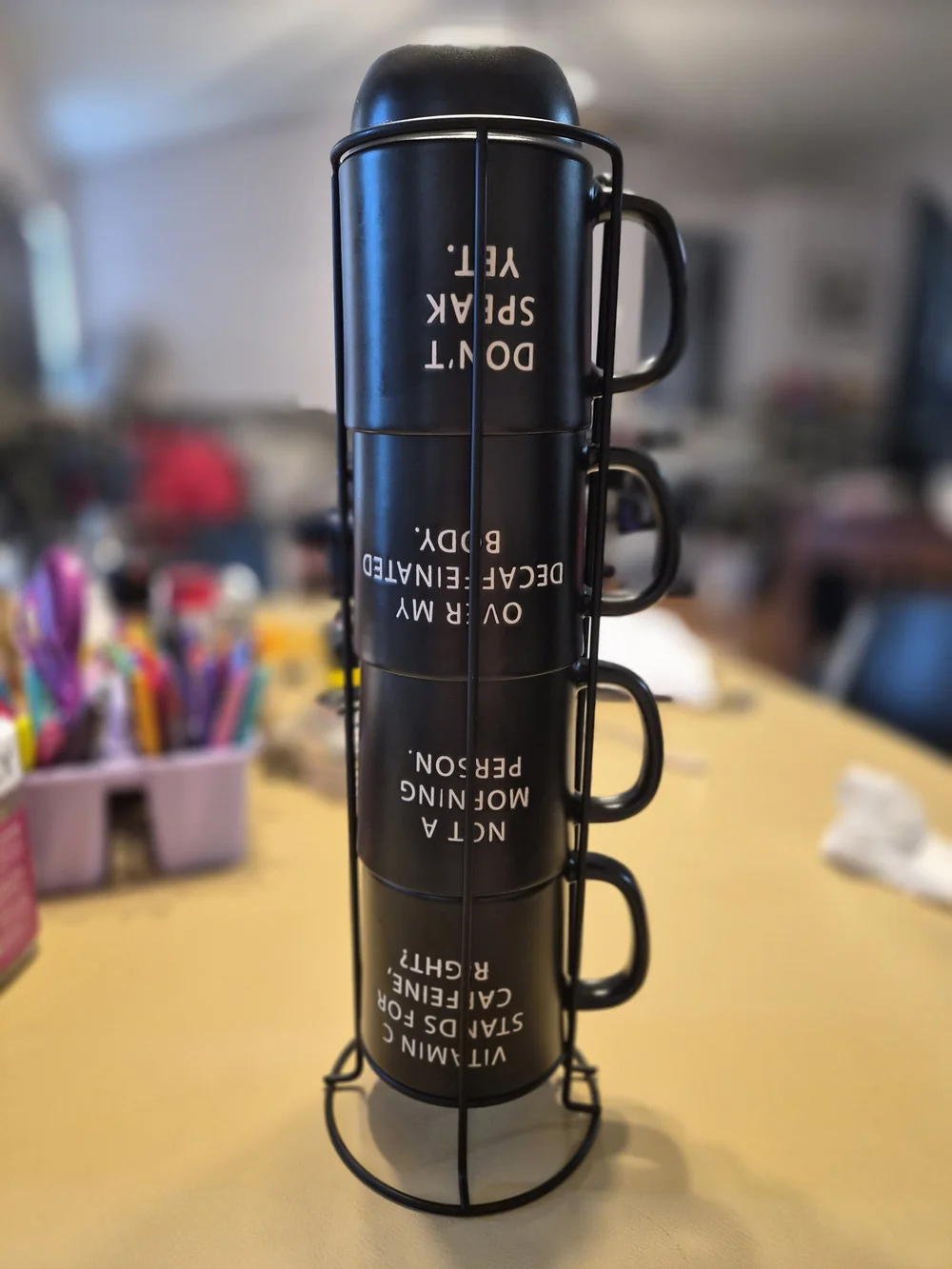 Stackable Black Ceramic Coffee Mug Set with Rack - Humorous White Text